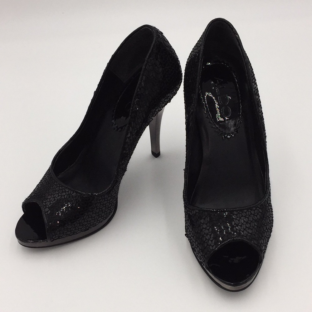 Aldo Ladies Black Sequin High Heels Pumps Open Toe Size 5.5